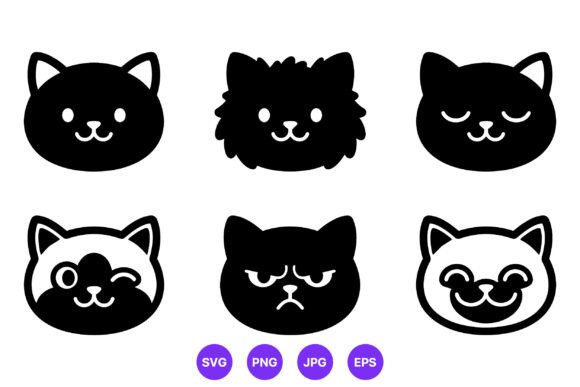 Black Cat Faces Vector Set