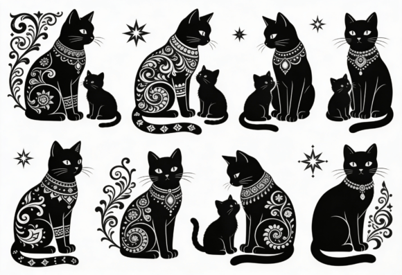 Black Cat Ornate Silhouette Digital Art