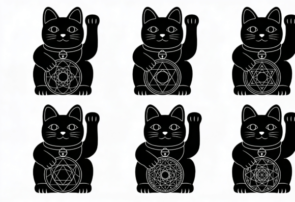 Black Maneki Neko Lucky Cat with Sacred