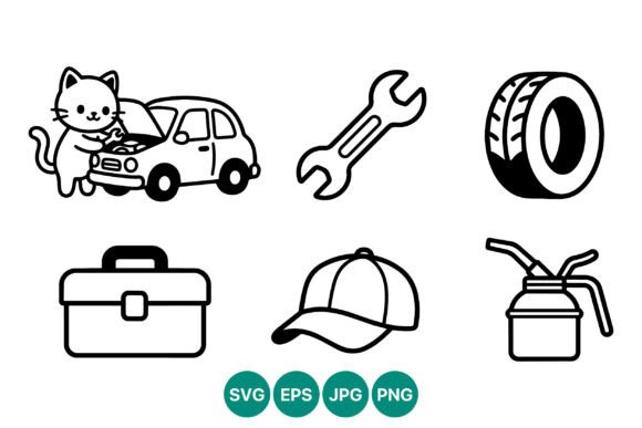Cat Fixing Car Tools Icons Black White