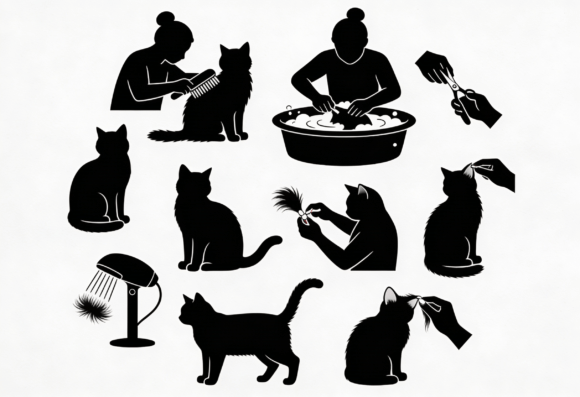 Cat Grooming Silhouette Icons
