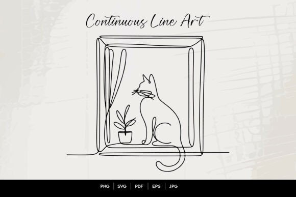 Cat in Window Line Art