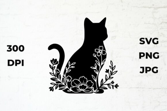 Cat Silhouette with Floral Elements