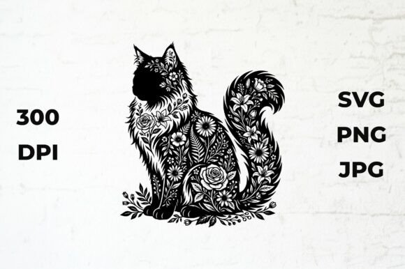 Cat Silhouette with Floral Patterns