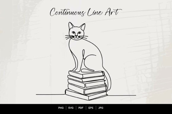 Cat Sitting on Books Line Art