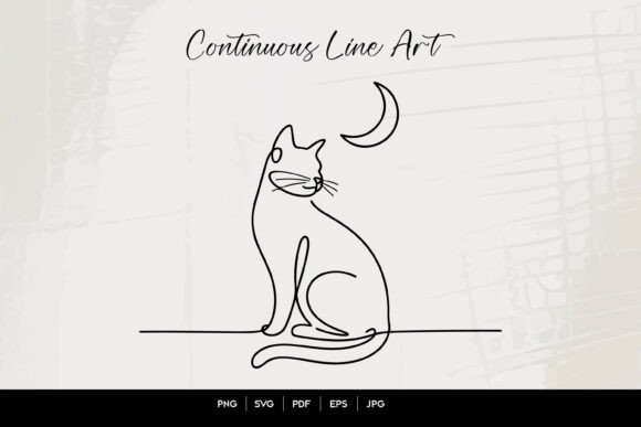 Cat Under Moon Line Art