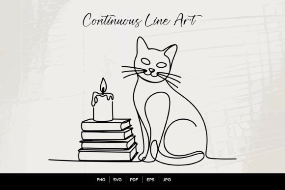 Cat with Books Line Art