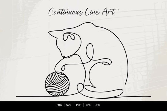 Cat with Yarn Line Art