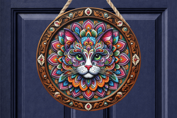 Colorful Cat Mandala Art Door Sign