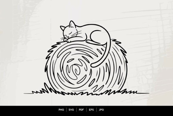Continuous Line Sleeping Cat on Hay