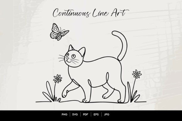 Cute Cat and Butterfly Line Art