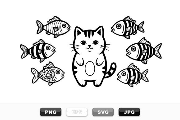 Cute Cat and Fish Clipart Set