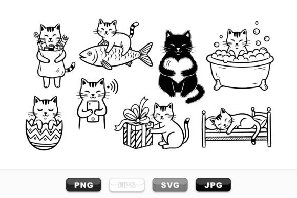 Cute Cat Black and White Clipart