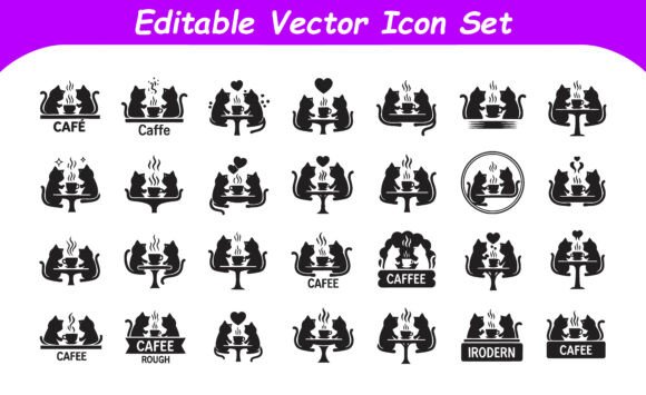 Cute Cat Couple Cafe Icons Set