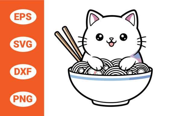 Cute Cat Eating Ramen in Bowl Illustration