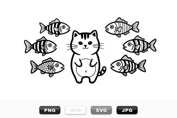 Cute Cat with Fish Clipart Set