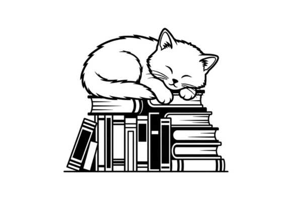 Cute Sleeping Cat on Books Clipart