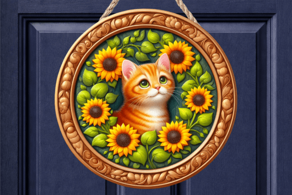 Ginger Tabby Cat Sunflower Door Sign