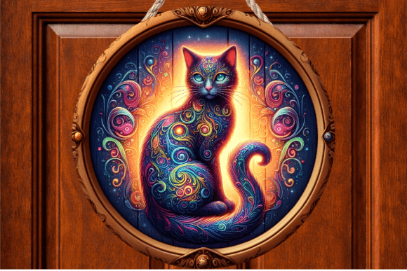 Mystic Glow Mandala Cat Wood Door Sign