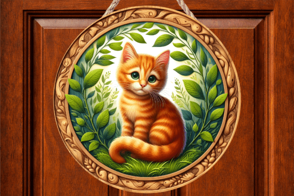 Orange Tabby Cat Leafy Wood Door Sign