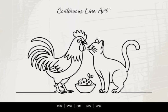 Rooster and Cat Sharing Food Line Art