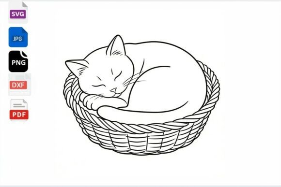 Sleeping Cat in Basket Line Art SVG
