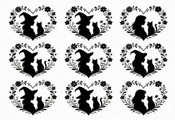 Witch Cat Heart Silhouette Clipart