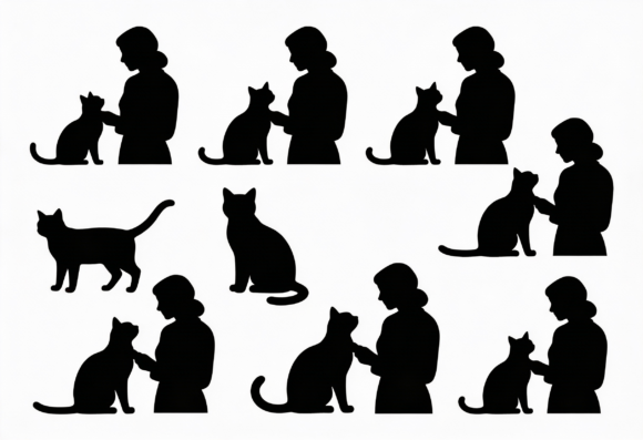 Woman and Cat Silhouette Vector Graphics